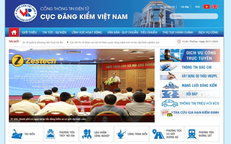 Giao diện trang chủ Cục Đăng Kiểm Việt Nam với mục tra cứu thông tin phương tiện