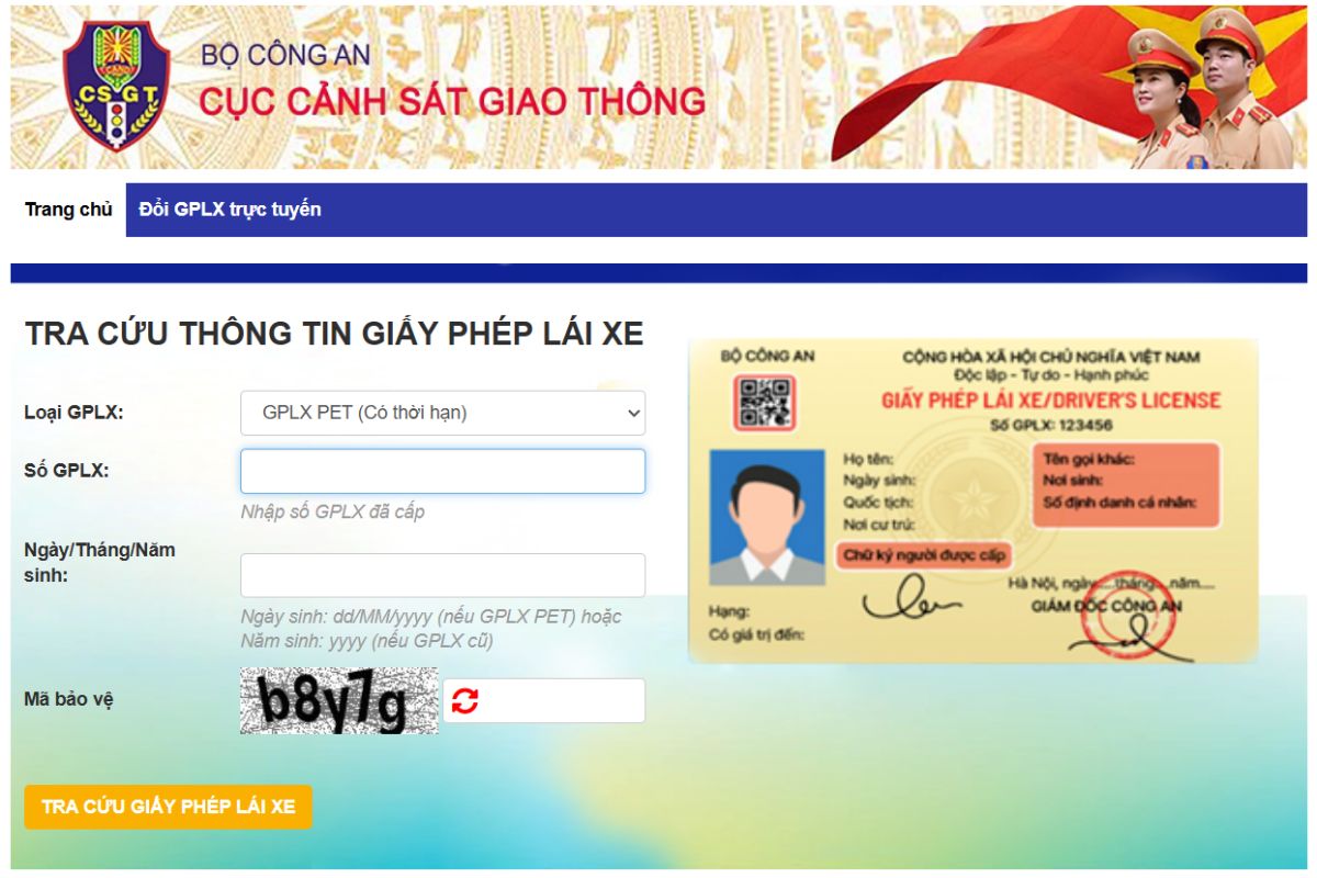Trang website tra cứu giấy phép lái xe của bộ công an